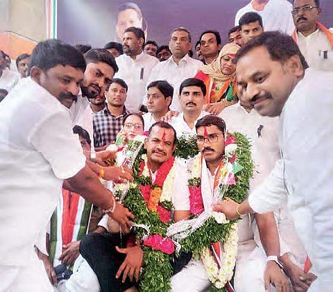 A file image of the disqualified Congress MLAs Komatireddy, Sampath Kumar along with others on a 48-hour hunger strike at Gandhi Bhavan in Hyderabad on Tuesday | express Photo