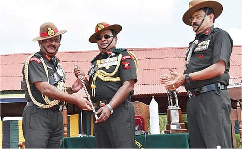 Lieutenant General Cherish Mathson (centre) takes over as Colonel of the Regiment from Lieutenant General Sarath Chand (left)