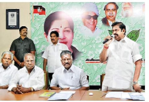 Chief Minister Edappadi K Palaniswami addressing meet of district secretaries at the party headquarters in Chennai on Monday | P Jawahar