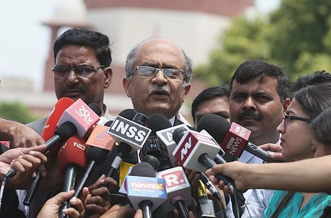 Advocate Prashant Bhushan addressing the media on the CJI Impeachment Case at Supreme Court in New Delhi on Tuesday. (EPS | Shekhar Yadav)