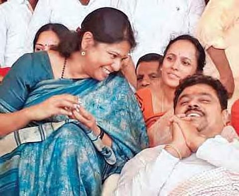 DMK MK Kanimozhi with TDP MP CM Ramesh at the protest camp in Kadapa on Tuesday | Express
