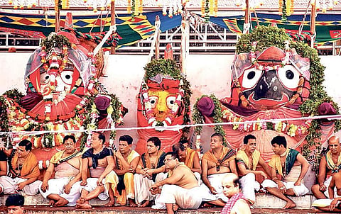 Lord Balabhadra, Devi Subhadra and Lord Jagannath at Snana Mandap in Puri on Thursday | Ranjan Ganguly