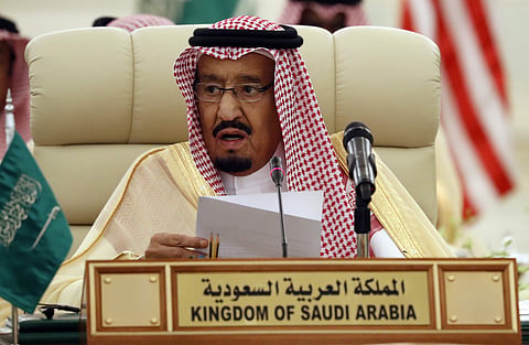 In this Sunday, Oct. 22, 2017 file photo, Saudi King Salman speaks during a meeting of the Saudi-Iraqi Bilateral Coordination Council with Secretary of State Rex Tillerson and Iraqi Prime Minister Haider al-Abadi, in Riyadh, Saudi Arabia. President Donald