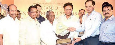 Meela Sathyanarayana, chairman, Sudhakar Irrigation systems private limited gets award for best industry practices under the Medium Scale Business category on Monday | Express