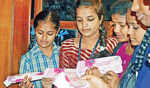 Students at the launch of biodegradable sanitary napkins, in Bengaluru on Tuesday