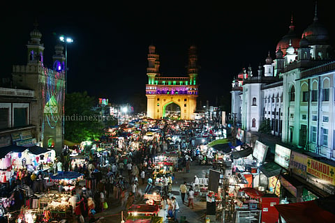 The iconic monument Charminar lit up in different colours. (File |EPS)
