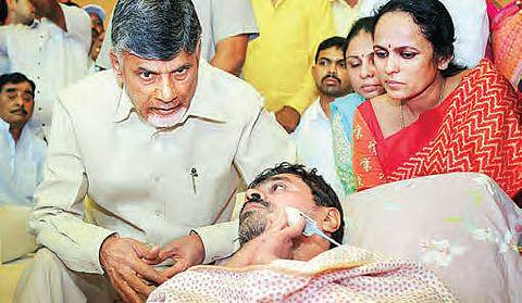 Chief Minister N Chandrababu Naidu speaking to MP CM Ramesh who was on a hunger strike for 11 days demanding a steel plant for Kadapa | Express