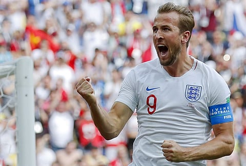 Harry Kane celebrates a goal in the World cup. (File Photo | AP)