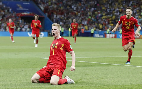 Belgium's Kevin De Bruyne (center) celebrates after scoring his side's second goal during the quarterfinal match between Brazil and Belgium at the 2018 soccer World Cup in the Kazan Arena, in Kazan, Russia. (File | AP)