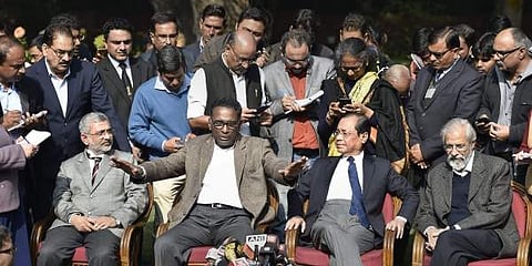 (L-R) Supreme Court judge Jasti Chelameswar along with Justice Ranjan Gogoi Madan Lokur and Kurian Joseph at a press conference in New Delhi. (Photo | File/PTI)