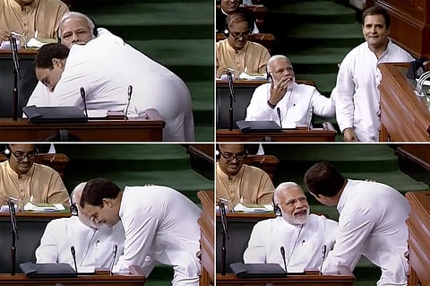 In this combo of four photos is seen Congress President Rahul Gandhi as he hugs Prime Minister Narendra Modi after his speech in the Lok Sabha on 'no-confidence motion' during the Monsoon Session of Parliament in New Delhi on Friday July 20 2018. (PTI)