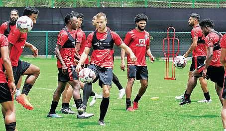 Kerala Blasters FC players during practice at Panampilly Nagar in Kochi on Sunday Melton Antony