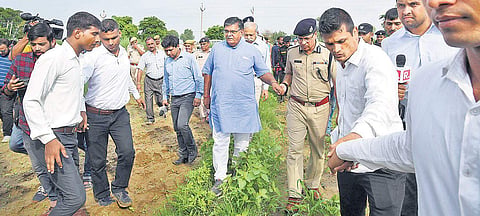 Rajasthan Home Minister Gulab Chand Kataria inspects the spot where Rakbar was allegedly lynched on suspicion of cow smuggling in Lalawandi, Alwar in Rajasthan | Parveen negi