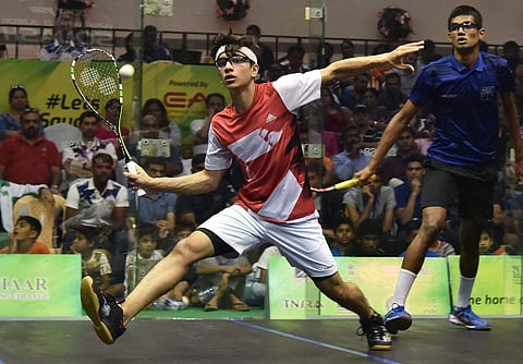 Pakistan player Harris Qasim smashes the ball during a match against Rahul Baitha at the WSF World Junior Squash Championships 2018 Pre-Quarterfinals on Thursday in Chennai. (Photo | P Jawahar/EPS)