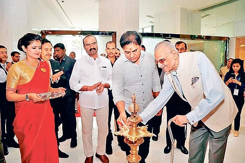 ITC Limited chairman YC Deveshwar and Telangana Minister for Industries, IT and Municipal Administration KT Rama Rao during the launch | Express