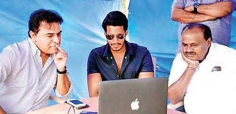 IT Minister KTR and Karnataka CM HDK on the sets of a movie starring Nikhil Gowda, in Bengaluru on Wednesday| Express