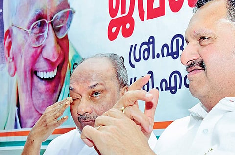Senior Congress leader A K Antony and K Muraleedharan MLA during K Karunakaran’s birth centenary celebrations in Thiruvananthapuram on Thursday | B P Deepu