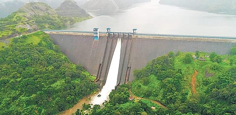 The Cheruthoni Dam, soon after a shutter was opened on Thursday