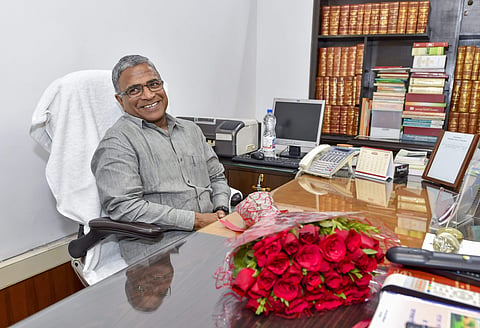 Newly-elected Deputy Chairman of the Rajya Sabha Harivansh Narayan Singh takes charge at his office at Parliament in New Delhi on Thursday Aug 9 2018. (Photo | PTI)