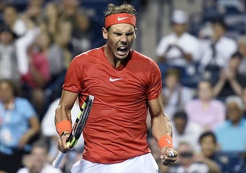 Rafael Nadal, of Spain, reacts to his 7-6 (3), 6-4 win over Karen Khachanov, of Russia, during the semifinals of the Rogers Cup men’s tennis tournament in Toronto. (Photo | AP)