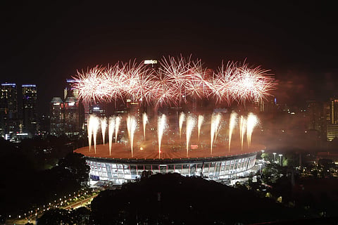 Fireworks explode over the main stadium during the opening ceremony for the 18th Asian Games in Jakarta, Indonesia. (Photo | AP)