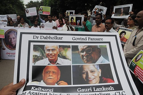 Dr Dabholkar, Govind Pansare, Kalburgi — all three previously murdered — and Gauri Lankeshho. (Photo | EPS/Sayantan Ghosh)