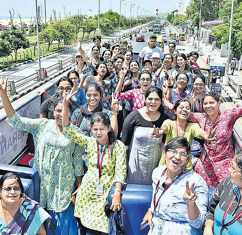 Students from the BBA and BCom departments of MOP Vaishnav College for Women and the NSS Unit hopped on to the double-decker bus Ashwin Prasath