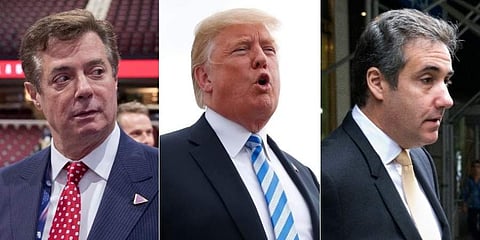 (From Left to Right) US Trump's one-time campaign chairman Paul Manafort, US President Donald Trump, and US President Trump's former lawyer Michael Cohen (Photos | AP)