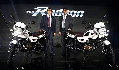 TVS Motor Company joint managing director Sudarshan Venu with president & CEO K N Radhakrishnan during the launch of Radeon in Chennai. (Photo | EPS)