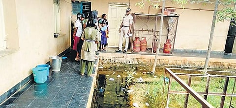 The premises of a hostel run by Social Welfare Department in Koppal district is filled with sewage water, which is a breeding ground for mosquitoes; (left) one of the rooms in the hostel has been turned into a kitchen | EXPRESS