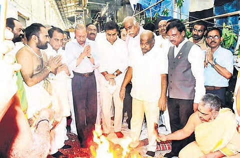 IT minister KT Rama Rao takes part in a pooja before the reopening of Sirpur paper mill, at Kaghaznagar in Kumram Bheem Asifabad district on Thursday | Express