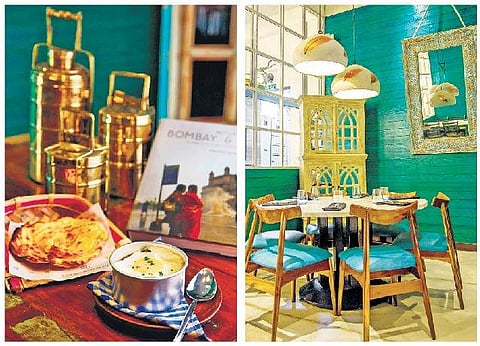 (Clockwise from above) Bombay dabba gosht; the interiors; Rajputana murg soola kebab; coconut rice with curry; aam papad paneer