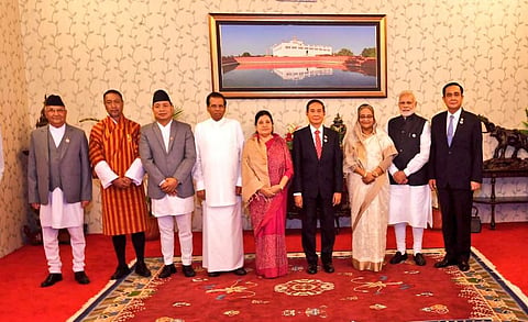 PM Narendra Modi and other BIMSTEC leaders jointly calling on President Bidhya Devi Bhandari of Nepal. (Photo | Twitter / MEAIndia