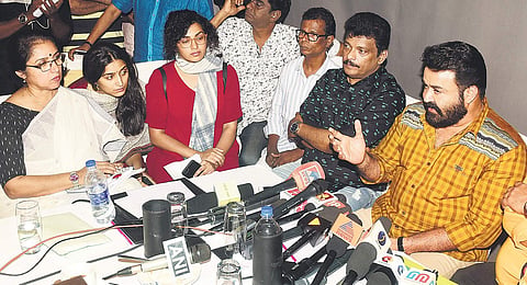 AMMA president Mohanlal addressing mediapersons at Crown Plaza in Kochi on Tuesday | Express