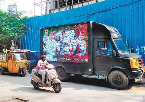 MLA Ramachandra Reddy’s campaign truck with an LED screen and loudspeaker mounted on it, in Hyderabad on Tuesday | Express