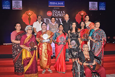 Devi Award recipients (seated) Rajalakshmi YG Parthasarathy, (first row, from right) Sheela Balaji, Kalavathy Sridharan, Aishwarya Rajesh, Uma Devi, Vijayalakshmi Navaneethakrishnan, Madhuri Menon (on behalf of Vandana Gopikumar), Sharan Apparao, (second