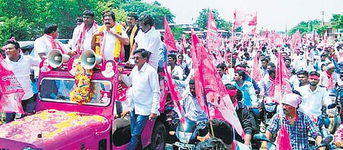 TRS leader A Amarendhar Reddy and his followers take out a bike rally in Miryalaguda on Wednesday | EXPRESS photo