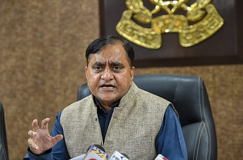 Uttar Pradesh Director General of Police DGP OP Singh addresses a press conference after the arrest of a Hizbul Mujahideen terrorist in Kanpur at DGP office in Lucknow. (Photo | PTI)
