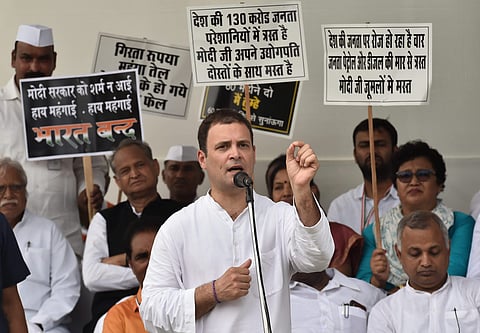 Congress President Rahul Gandhi addresses during 'Bharat Bandh' protest called by Congress and other parties against fuel price hike and depreciation of the rupee in New Delhi. (Photo | PTI)