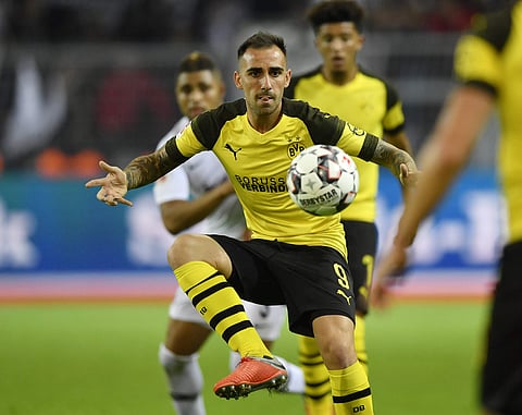 Dortmund's Paco Alcacer plays the ball during the German Bundesliga soccer match between Borussia Dortmund and Eintracht Frankfurt in Dortmund, Germany. | AP
