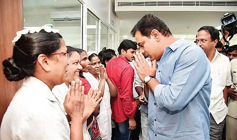 IT minister KT Rama Rao greets the hospital staff after inagurating the Oncology Centre at NIMS hospital, in Hyderabad on Friday | Express