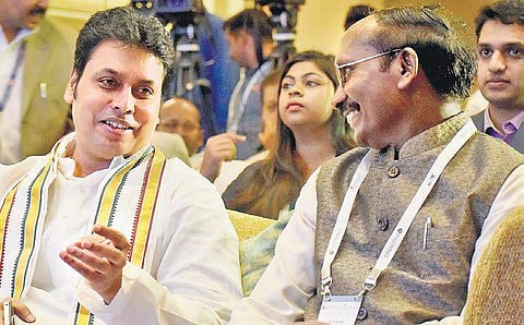 Tripura CM Biplab Kumar Deb chats with ISRO Chairman K Sivan at the ISRO Technology Incubation Centre in Bengaluru on Tuesday | Pandarinath B