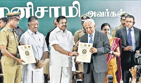 Chief Minister Edappadi K Palaniswami exchanging the MoU with Prof B N Gangadhar, the Director of Nimhans, Bengaluru, to conduct wellness programmes for policemen, at a function held in the city on Thursday | P Jawahar
