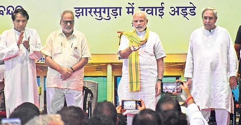 Prime Minister Narendra Modi inaugurating Jharsuguda airport in presence of Union Minister of Civil Aviation Suresh Prabhu, Governor of Odisha Ganeshi Lal and Chief Minister Naveen Patnaik | Express