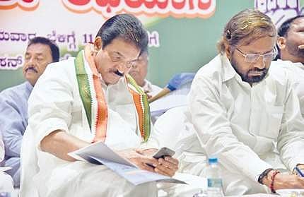 AICC general secretary in-charge of Karnataka K C Venugopal and Congress leader Eshwar Khandre in Bengaluru on Sunday | Nagaraja Gadekal