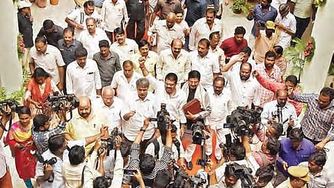 TDP MPs coming out after boycotting a meeting with the SCR General Manager in Vijayawada on Tuesday | R V K Rao