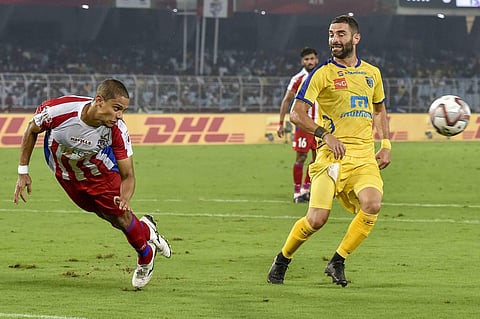 Kerala Blasters Stojanovic and ATK player in action during the opening match of ISL 2018 in Kolkata . (Photo: PTI)