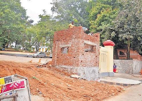 Construction in progress at Tagore Theatre at Vazthuthacaud on Wednesday. Two new gateways will also be constructed as part of the renovation Vincent Pulickal
