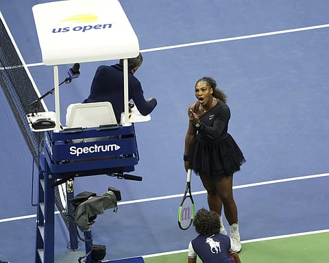 Serena Williams argues with the chair umpire during a match against Naomi Osaka, of Japan, during the women's finals of the U.S. Open tennis tournament at the USTA Billie Jean King National Tennis Center, Saturday, Sept. 8, 2018, in New York. | AP