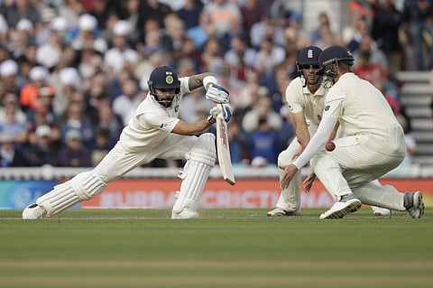 India captain Virat Kohli hits a shot during the fifth cricket test match of a five match series between England and India at the Oval cricket ground in London, Saturday, Sept. 8, 2018. | AP